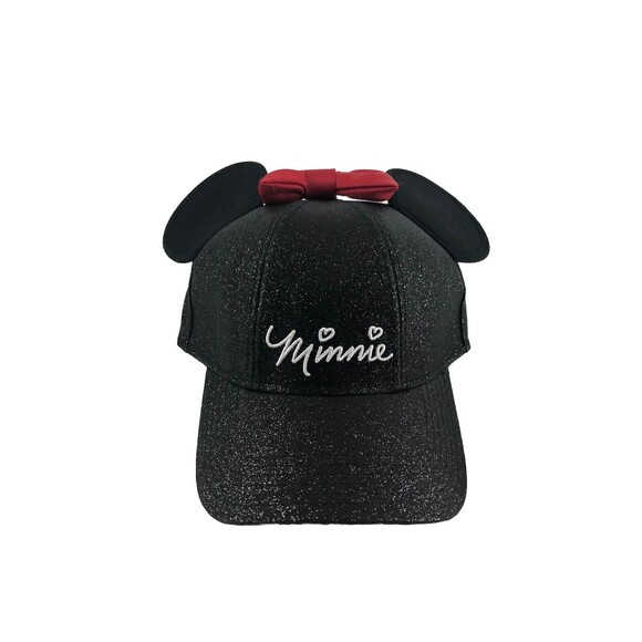 Disney Minnie Mouse Cap Glitter Black Ear Red Bow Baseball Hat OSFM Adult - Picture 1 of 6